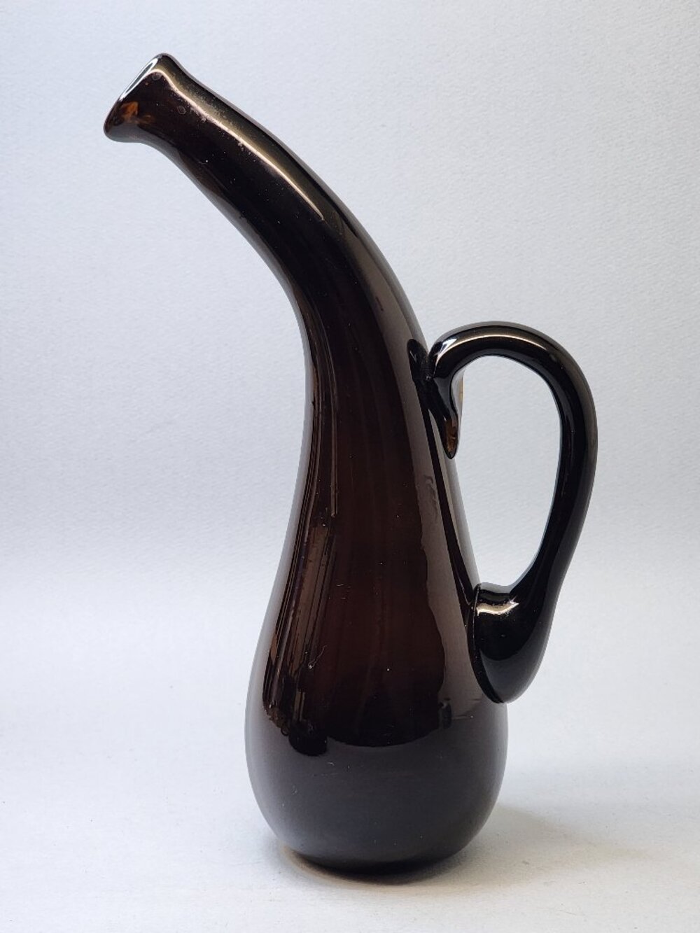 Blenko Curved Glass Pitcher or Bud Vase - Dark Amber Blown Glass with Handle